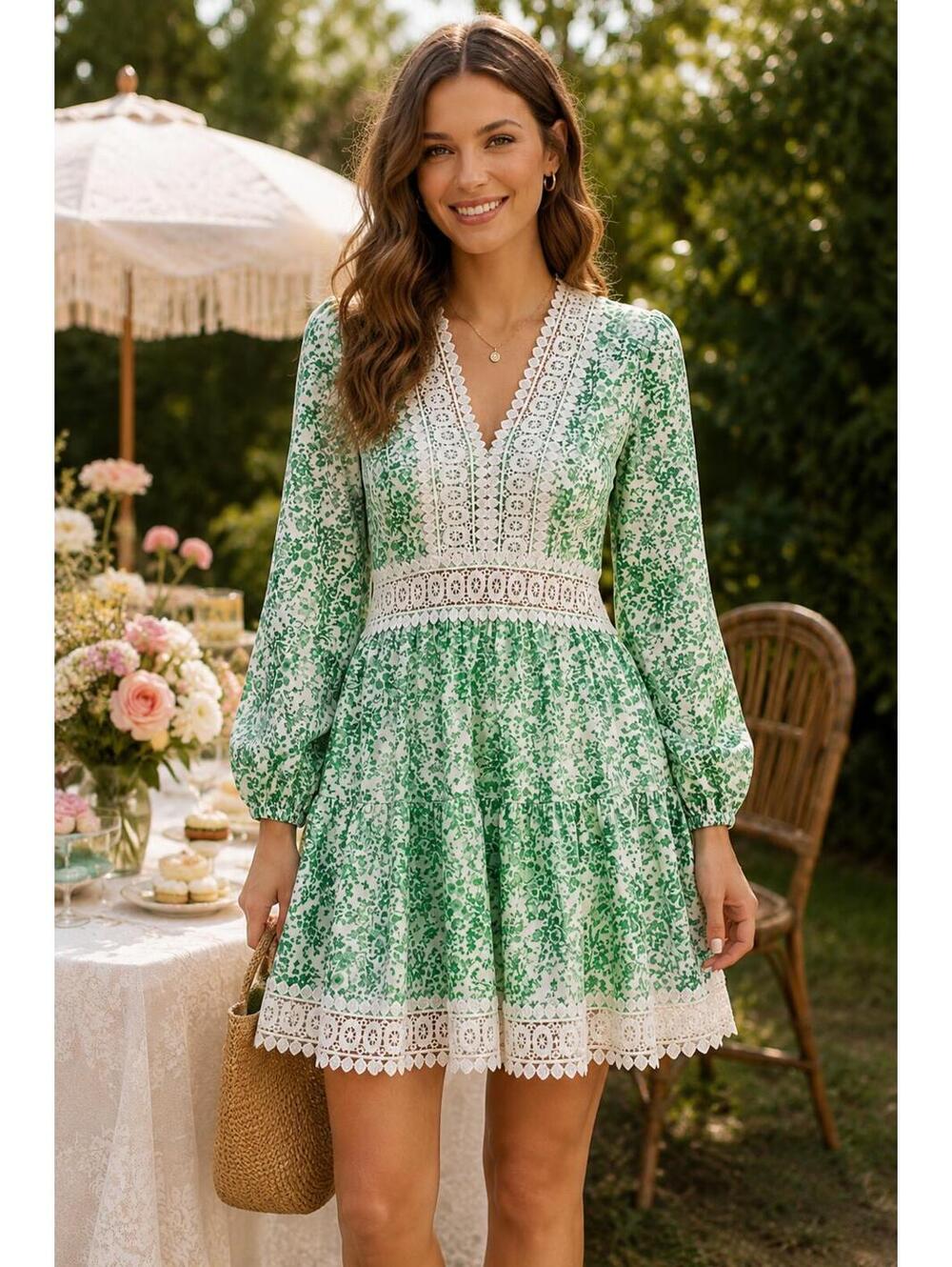 Floyd Green Floral Lace Trim Dress Lace Detail Size S